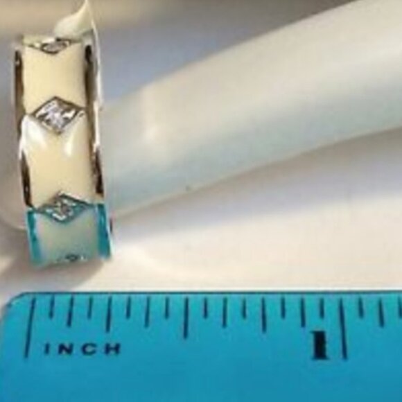 Silver Art Deco Ring Size 5 White Enamel Band Rhodium Vintage Style Plated - Picture 7 of 8